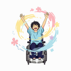 A cheerful anime character in a wheelchair joyfully raises his arms, surrounded by vibrant, colorful swirls, cheerful flowers, symbolizing happiness, positivity.