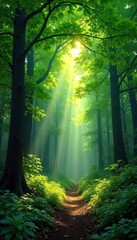 Obraz premium Lush green forest canopy, sunlight filtering through leaves, dappled shadows on the forest floor Perfect for nature, ecology, and environmental themes , vibrant, branches, tranquil