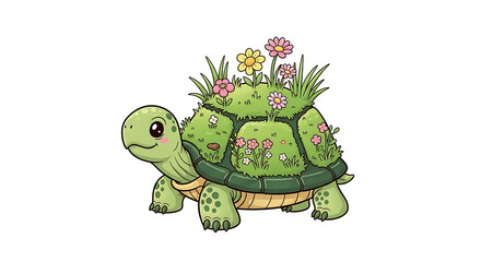 Fototapeta premium Cartoon Style Charming Turtle with Garden Shell Cute Illustration