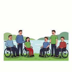 A diverse group of smiling friends, including individuals using wheelchairs, enjoys a supportive and inclusive outdoor gathering by the serene lake.