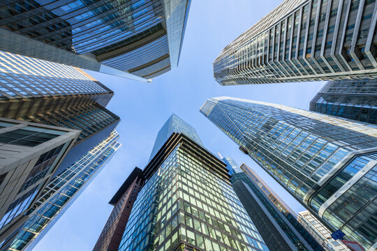 Modern skyscraper building at the central business district in Frankfurt am Main, Hesse, Germany