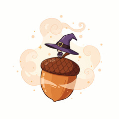 A whimsical cartoon illustration presents a tiny, adorable character wearing a witch hat, perched on a large acorn, enveloped by magical, sparkling clouds.