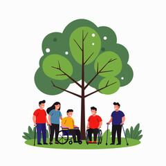 A diverse and inclusive group of friends, some with physical disabilities, joyfully gather under a large green tree, symbolizing community support and acceptance.
