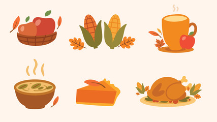Thanksgiving food illustration turkey corn pie soup hot drink