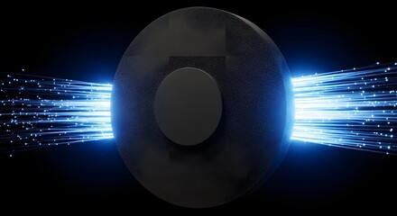 Futuristic blue light streams connecting a dark central hub fiberoptics technology data network communication speed