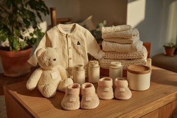 Gentle baby essentials, soft clothing, teddy bear, booties, blankets, neutral.