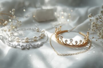 Luxurious pearl and diamond bracelet alongside a golden crown bracelet