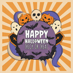 Colorful Halloween design with skull, pumpkins, ghosts, coffins, bats, and bold 