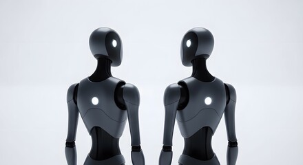 Obraz premium Two sleek dark grey humanoid robots standing on white background AI technology future connection digital