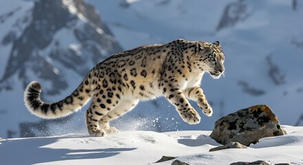 Fototapeta premium Snow Leopard Leaping Over Rocks at Golden Hour in Himalayas
