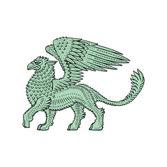 Majestic griffin creature with eagle head and lion body poised for flight, evoking mythical power and fantasy.