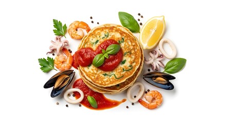 Seafood Crepe Stack with Fresh Ingredients.
