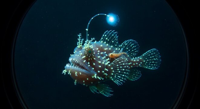 Deep sea anglerfish glowing bioluminescent lure with tiny pilot fish ocean mystery dark underwater creature scary predator