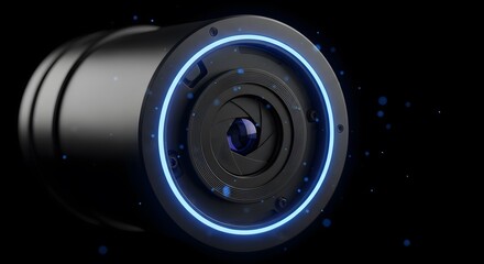 Modern camera lens with vibrant blue glowing light ring technology digital futuristic aperture optics sleek black