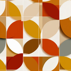This artwork showcases a vibrant abstract design composed of geometric shapes in earthy tones. The warm colors, including shades of orange and yellow, create a dynamic visual texture