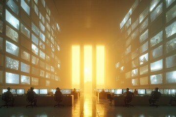 A futuristic high-tech control room where operators monitor vast data streams on multiple screens, illuminated by an intense golden light source.