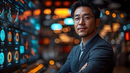 Confident professional businessman with glasses standing in a modern tech filled environment featuring glowing data charts and blurred