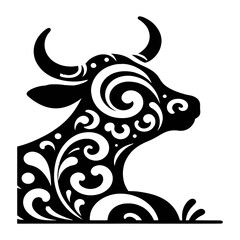 Ornate black bull head with swirling patterns white