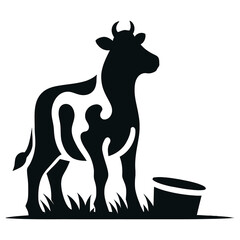 Stylized black cow standing in grass next to a bucket cattle animal