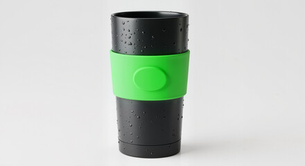 Modern Black Reusable Coffee Cup with Bright Green Silicone Sleeve and Water Droplets for E-Commerce