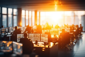 Professionals focused on multiple glowing screens in a modern office.
