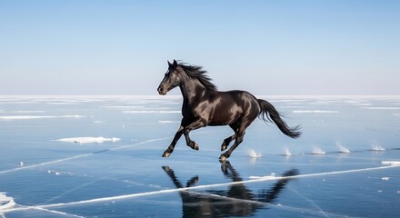 Fototapeta premium A majestic black horse gallops freely across the smooth, frozen surface of a vast lake under a clear blue sky, its reflection mirrored on the ice.