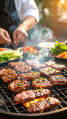 Grilled meat barbecue sizzling smoke chef hand chop fire flame outdoor daylight summer marinade glaze sesame chive skewer lettuce salad side iron grate charcoal heat cooking dinner party street