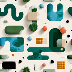 Vibrant geometric shapes intermix with organic patterns, showcasing a creative blend of colors and textures. This artwork evokes a sense of whimsy and modern design, ideal for contemporary spaces