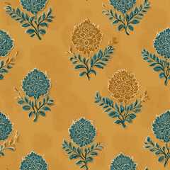 This vibrant design showcases a repeating pattern of blue and white flowers accented by golden foliage set against a warm golden background
