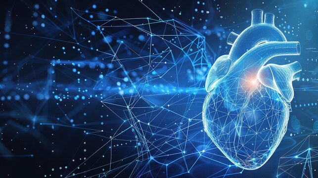 Blue Background Technology Heart Images， adding a high-tech vibe to clinical visuals, health tech marketing, or sci-fi medical designs.used  for  Medical Tech Branding, Healthcare Presentations.