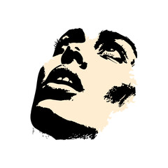 Captivating portrait of a woman looking upwards with dramatic lighting and bold strokes, exuding intensity and allure.