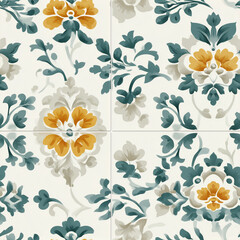 Decorative tiles display intricate floral designs in hues of blue, orange, and green, creating an elegant and modern ambiance suited for home decor. Ideal for kitchens or bathrooms