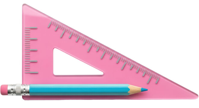 Isolated Pink Triangle Ruler with Pencil