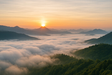 Sunrise over the Mountains: Witness a breathtaking sunrise painting the sky with vibrant colors, illuminating majestic mountain ranges and a sea of clouds.