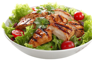 Delicious grilled chicken breast salad with fresh lettuce and cherry tomatoes.
