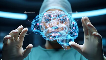 Doctor Holds Holographic Brain with Digital Nodes Representing Advanced Medical Technology on a Dark Background - Powered by Adobe