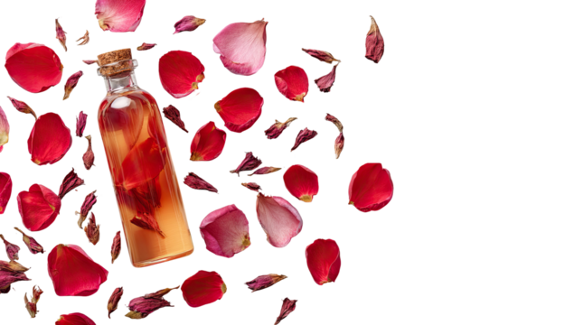 Small glass bottle of amber liquid, surrounded by scattered rose petals