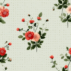 This vibrant floral pattern showcases clusters of red and pink flowers surrounded by green leaves, set against a soft light green background adorned with tiny dots for added texture