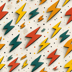 A vibrant pattern featuring lightning bolts in red, orange, teal, and yellow against a neutral textured background. Colorful dots complement the design, creating an energetic and dynamic visual