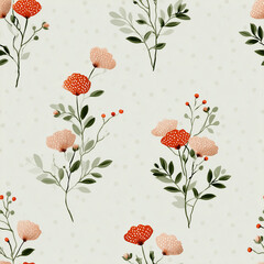 A vibrant floral pattern displays clusters of red and pink flowers with dotted petals and green leaves. The design is set against a light backdrop, ideal for various artistic applications