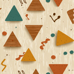 Numerous geometric shapes in vibrant colors including triangles, circles, and squiggles are arranged on a textured light background