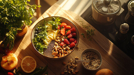 Colorful smoothie bowl with fresh fruits and nuts