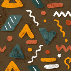 Bright geometric shapes including triangles, hearts, and wavy lines are scattered across a textured brown background, creating a visually engaging and modern abstract composition