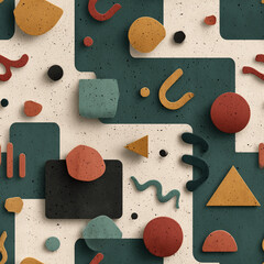 Various geometric shapes in vibrant colors are arranged across a textured background. The composition includes circles, triangles, and wavy lines, adding an artistic flair to the space