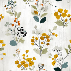 A vibrant floral arrangement showcases yellow flowers mixed with gray and green foliage against a light backdrop, perfect for home decor or fashion textiles. The design is cheerful and uplifting
