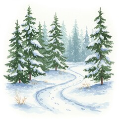 Naklejka premium Winter Forest Scene with Snow Covered Trees and Path in Watercolor Illustration