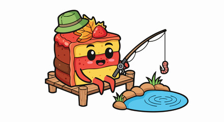 Cartoon cake character fishing at a pond, enjoying leisure time.