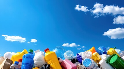 Colorful plastic waste against a bright blue sky, highlighting pollution issues.