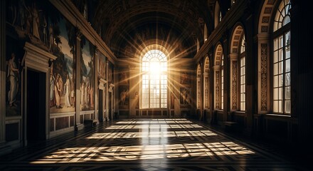 Obraz premium Sunbeams illuminate a grand hall's interior, showcasing arched windows, stone floors, and wall murals; copy space available; warm, golden light.