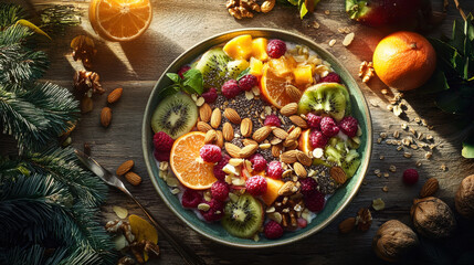 Colorful smoothie bowl with fresh fruits and nuts